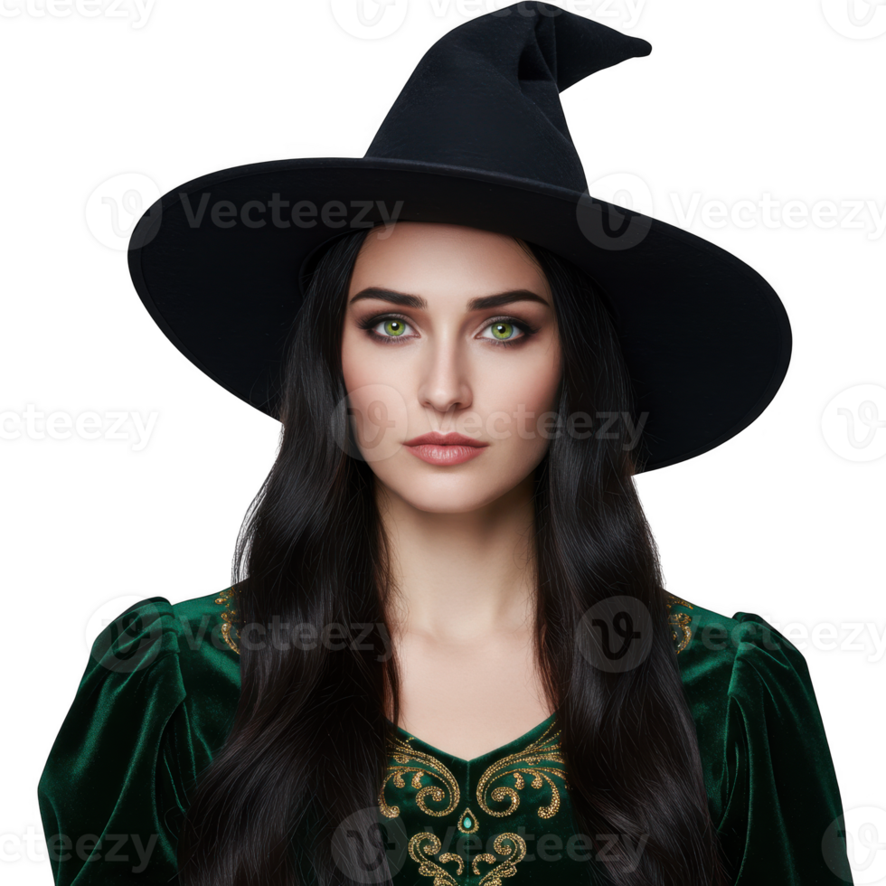Beautiful witch woman in green dress and black hat isolated on transparent background png