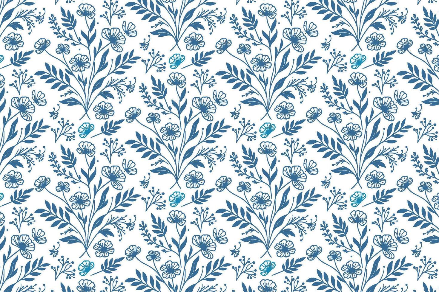 trendy fashion textile design in blue featuring minimal line floral sketches for packaging bedsheets and wrapping paper vector