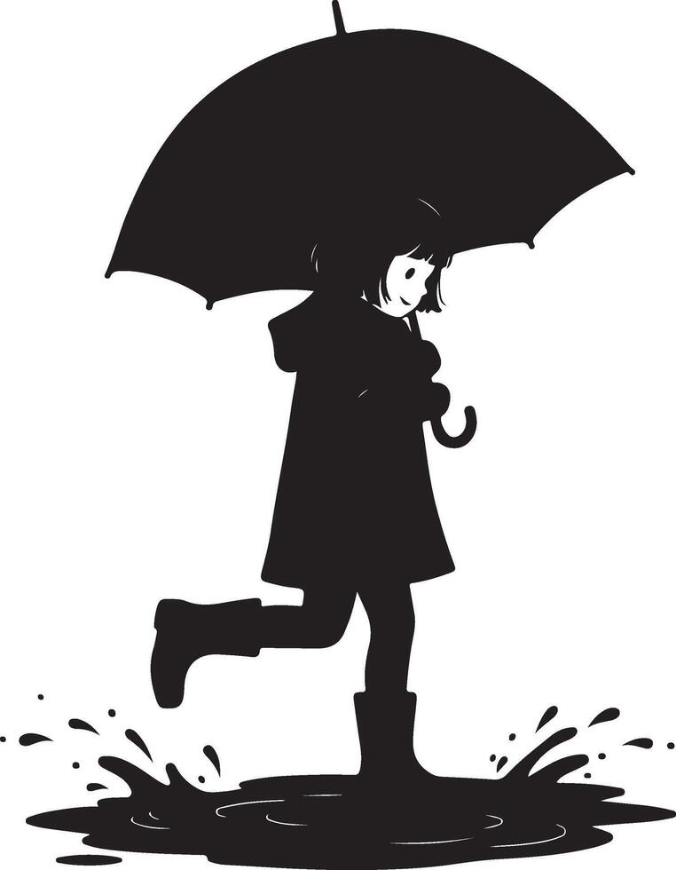 Silhouette of a Young Girl Jumping in a Puddle with Umbrella vector
