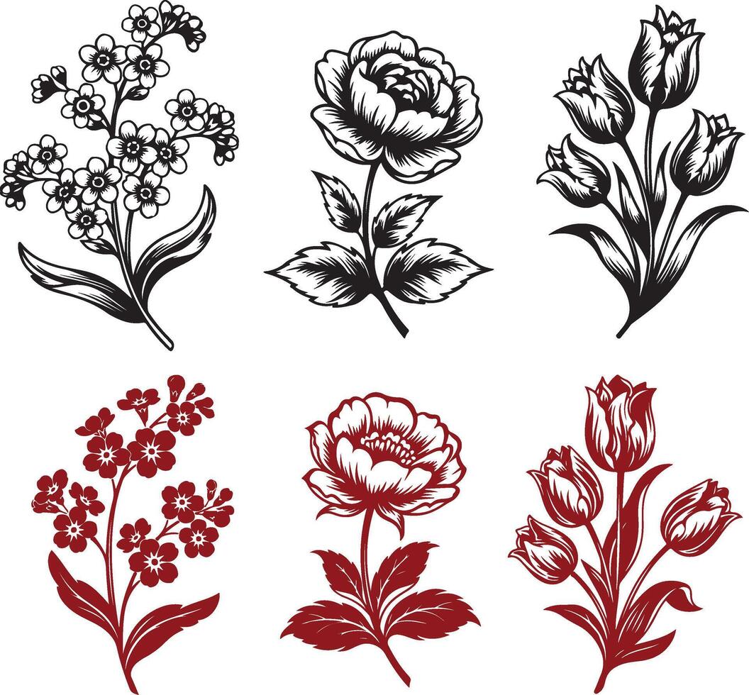 Three stylized floral designs in black silhouette. vector
