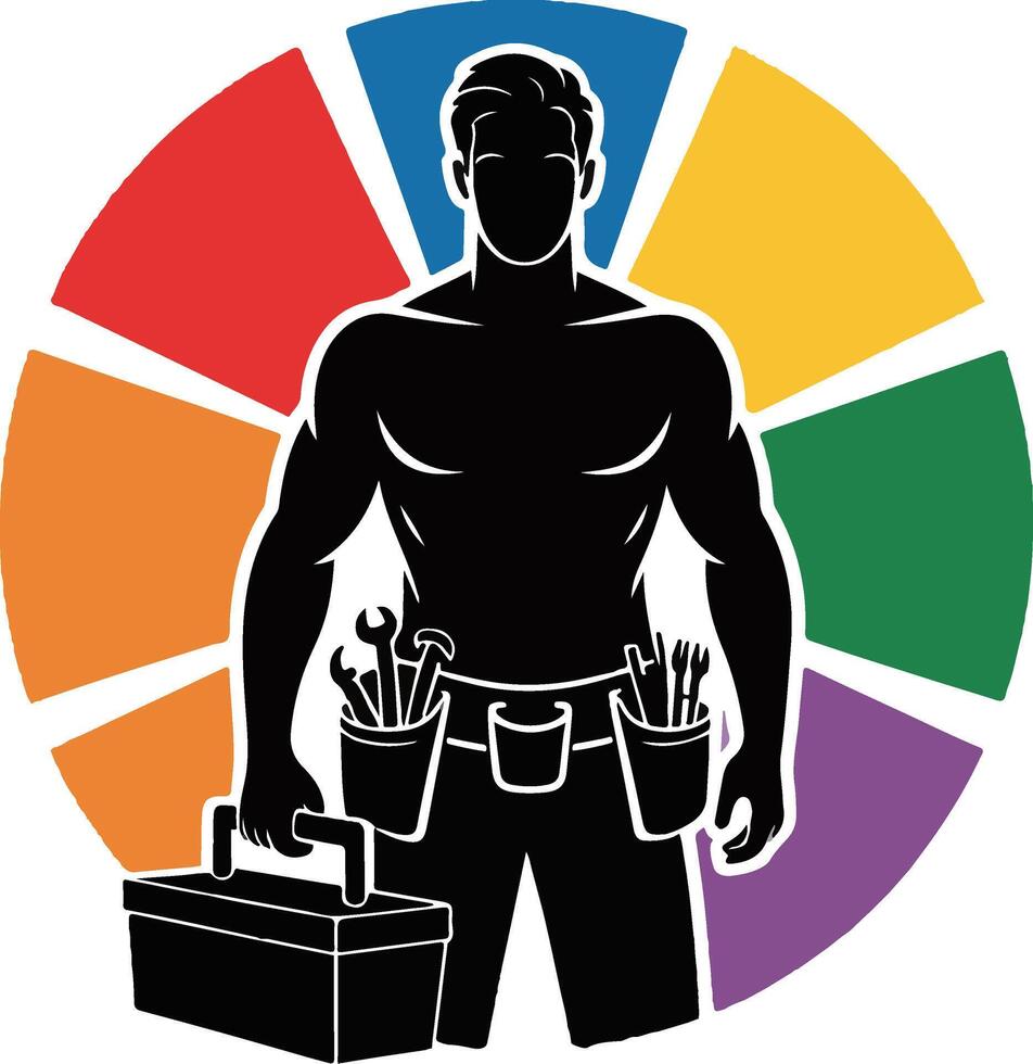Muscular handyman holding toolbox and tools with colorful background vector