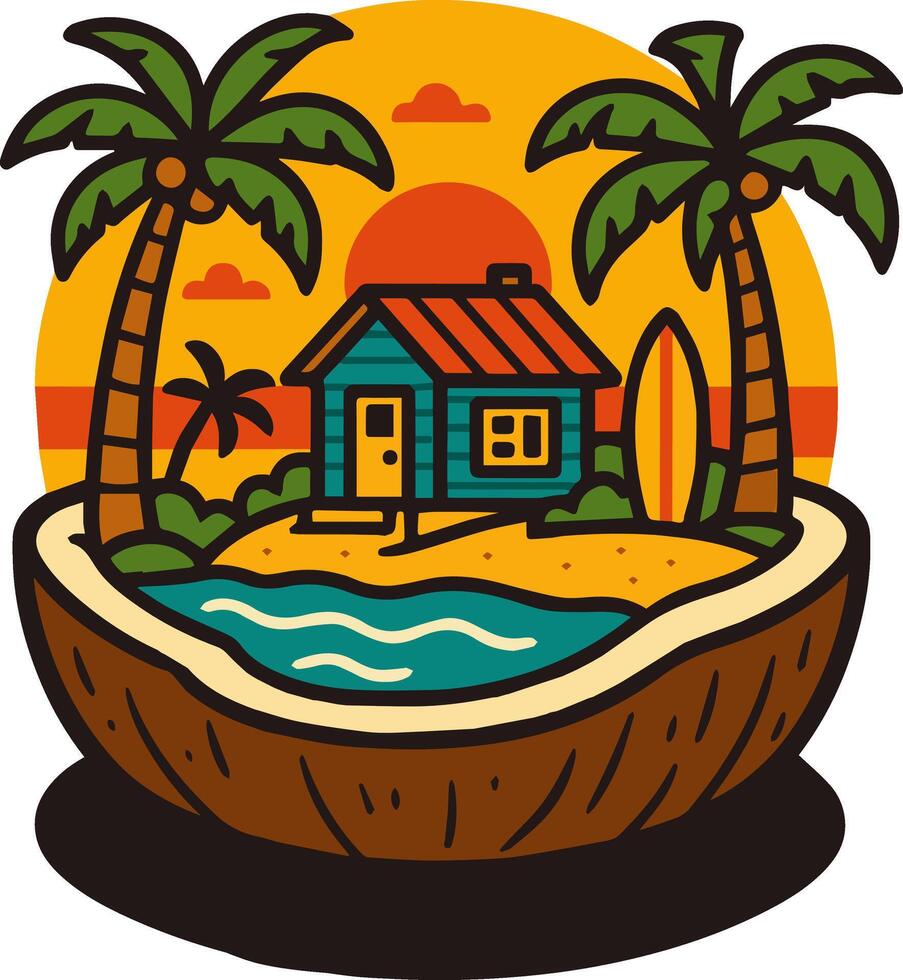 Tropical beach life scene with coconut, palm trees, and ocean view vector