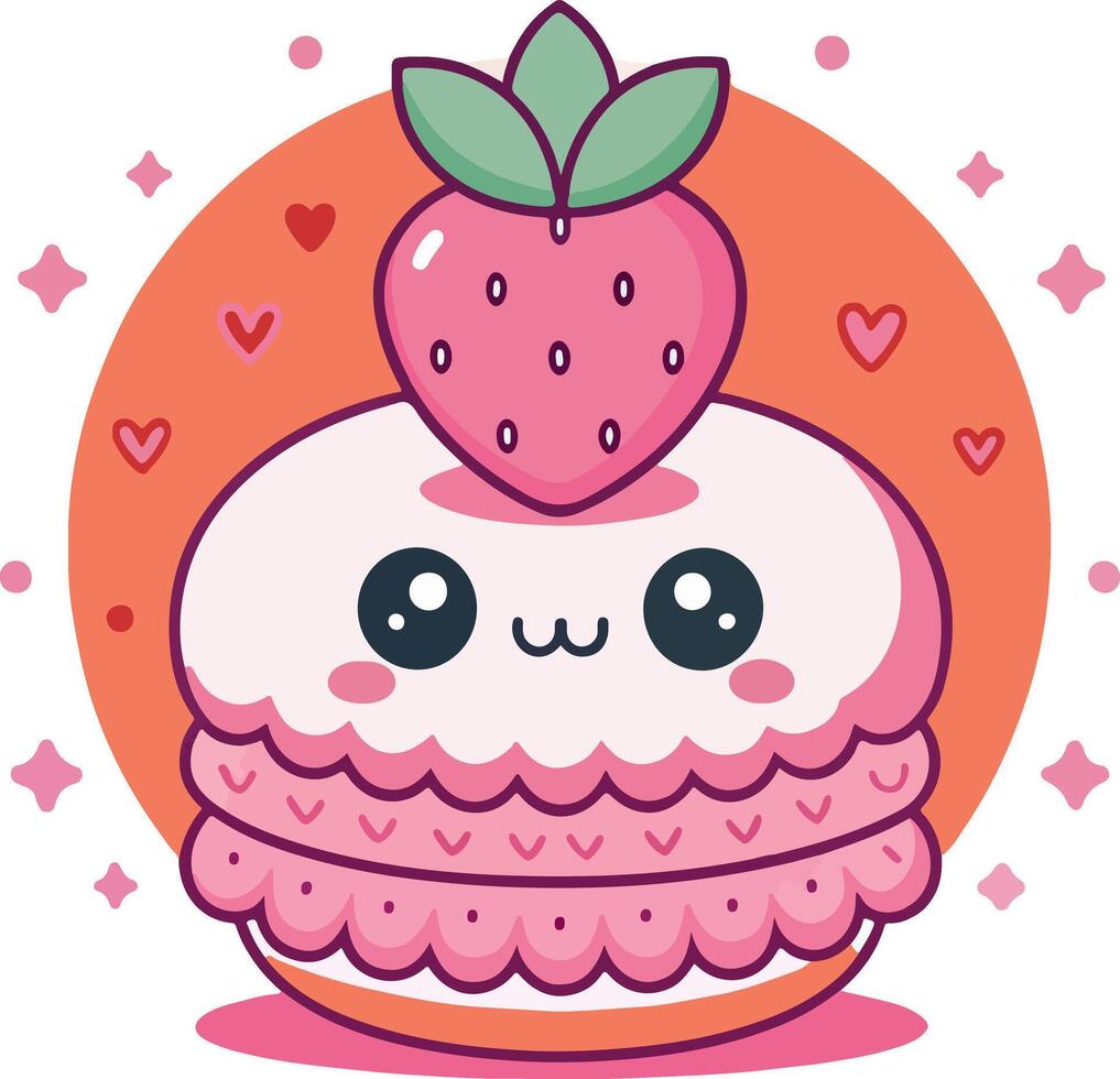 Cute kawaii strawberry dessert with smiling pastry perfect for sweet food and fun designs vector