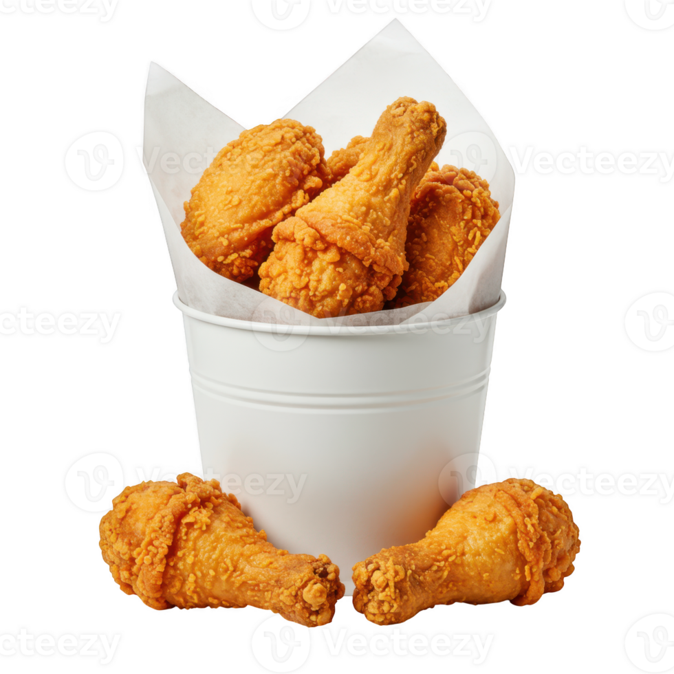 Crispy fried chicken drumsticks in white bucket isolated on transparent background png