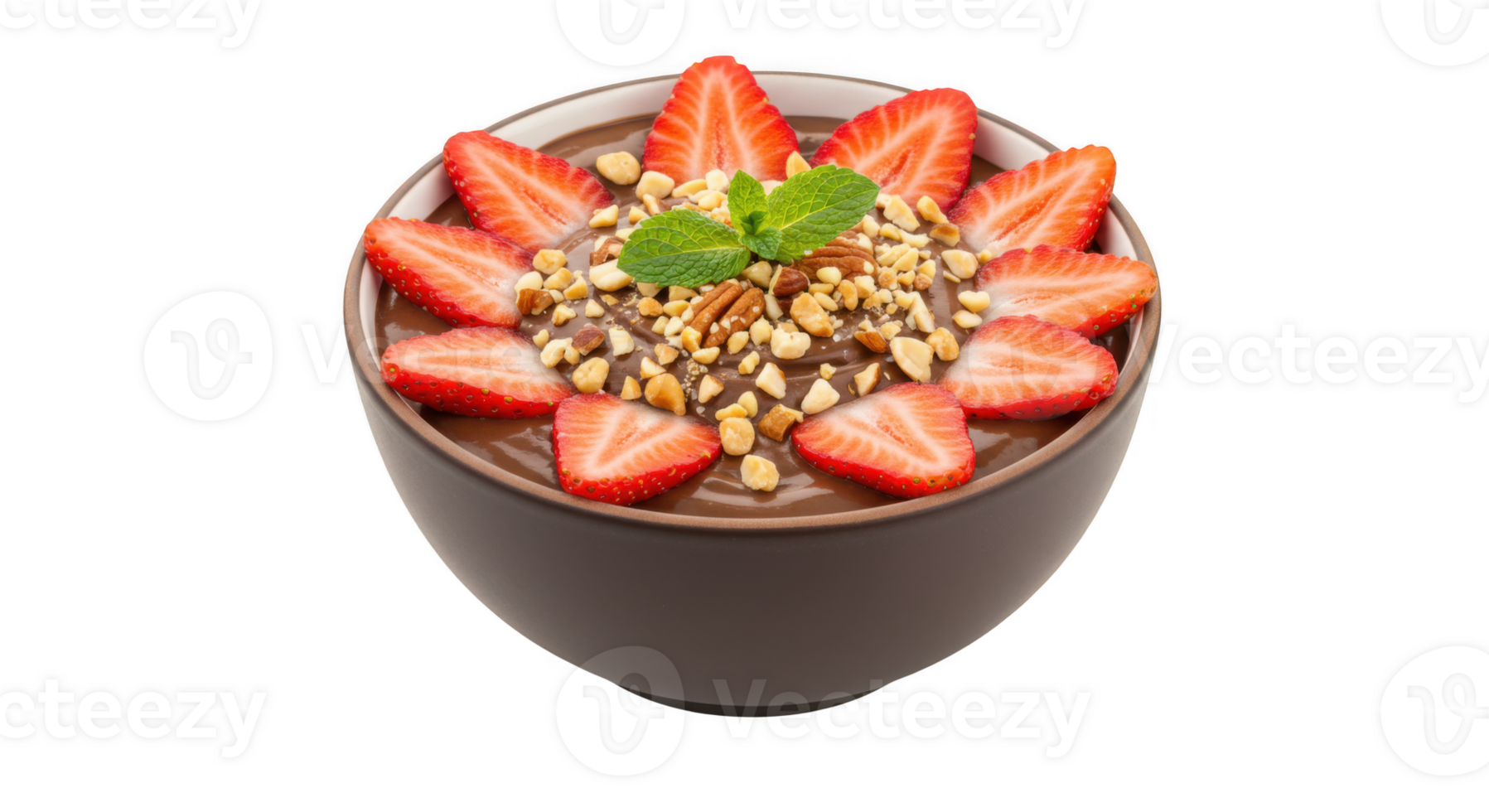 Delicious Chocolate Mousse with Strawberries and Nuts isolated on transparent background png