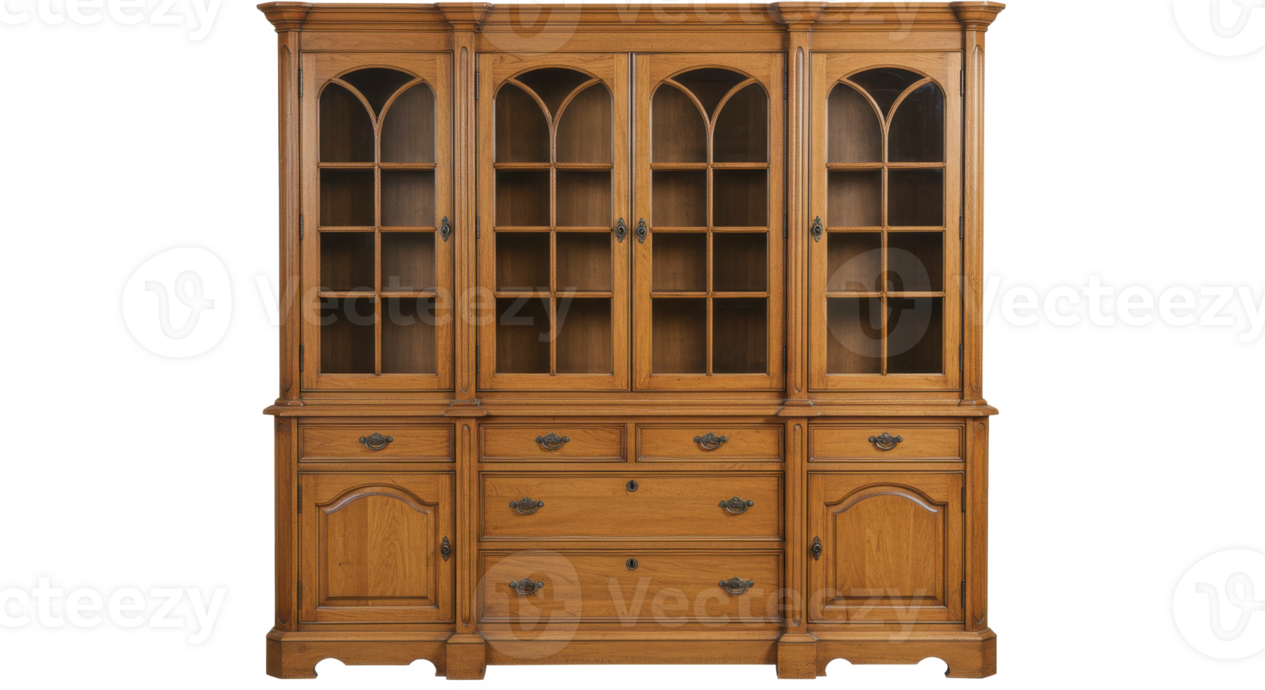 Large wooden hutch with glass doors and drawers featuring antique png