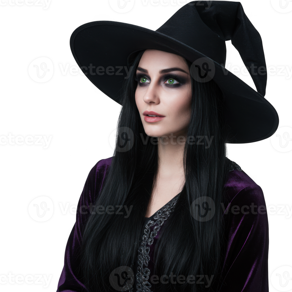 Beautiful witch with black hat and purple robe isolated on transparent background png