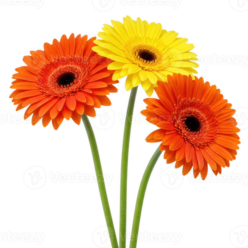 Three gerbera daisies bouquet orange and yellow isolated on transparent background png
