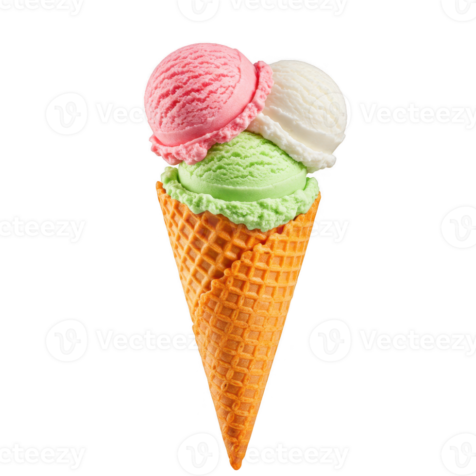 Triple scoop ice cream cone isolated on transparent background png