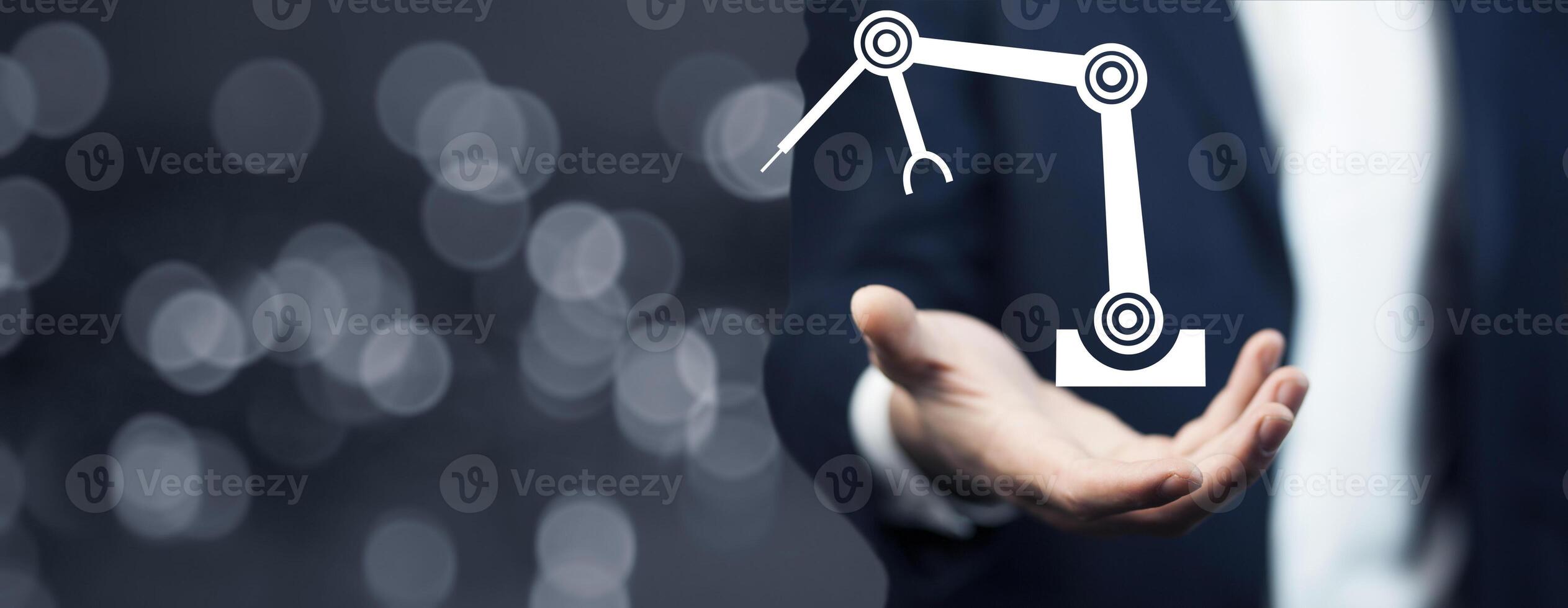A business man holding a robot hand on a blurred background photo