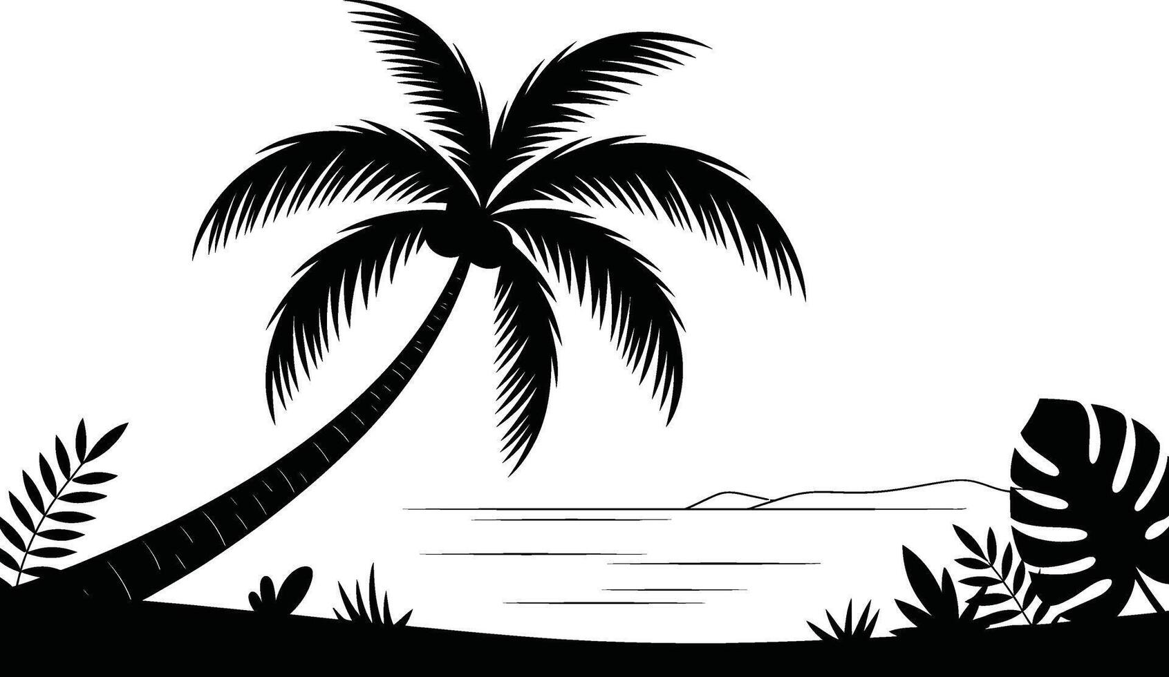 illustration of a tropical beach scene with a palm tree, ocean landscape, and various decorative foliage elements in black and white. vector