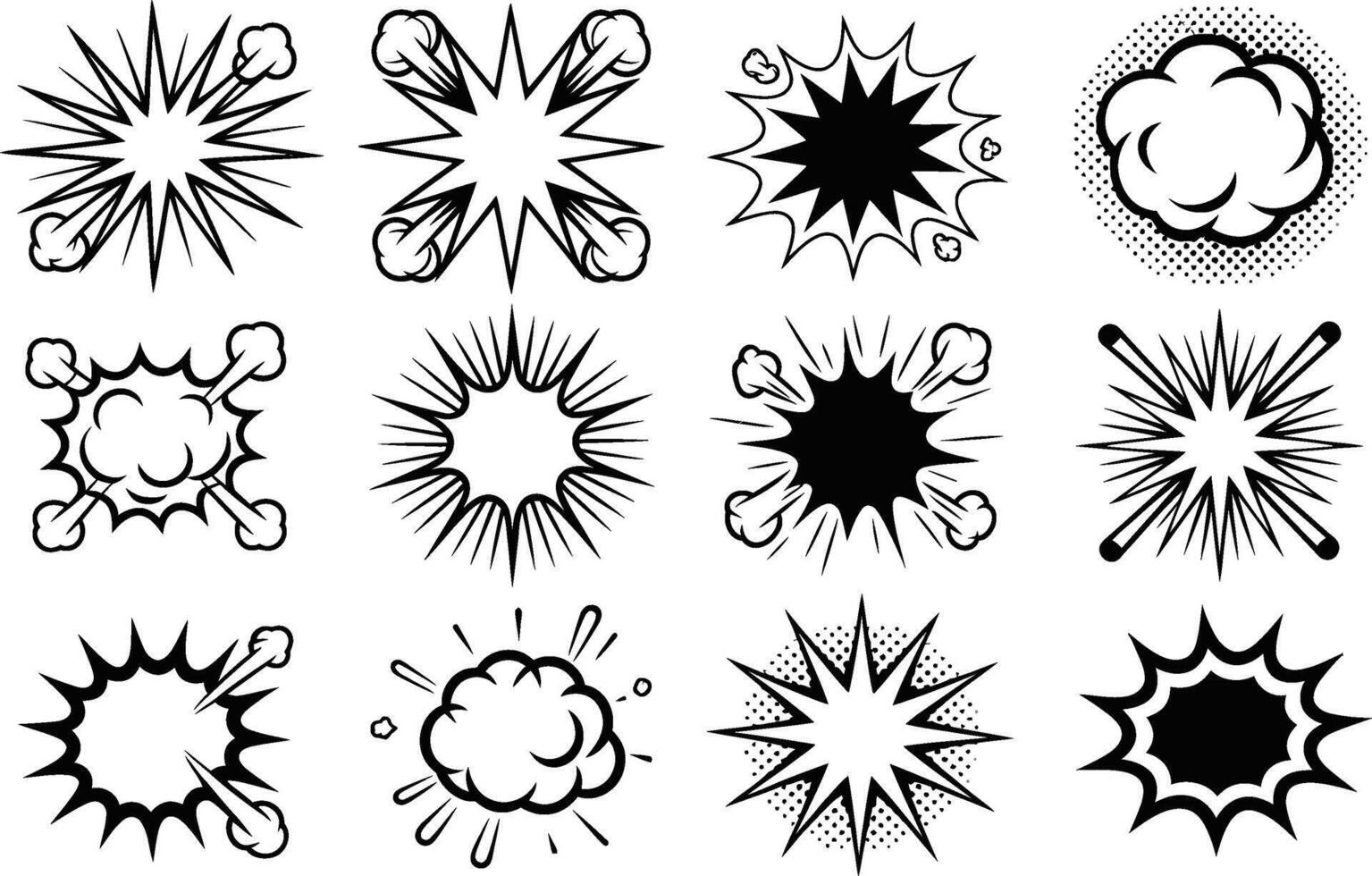 A collection of black and white comic book explosion sound effects with various shapes and styles ready for creative designs vector