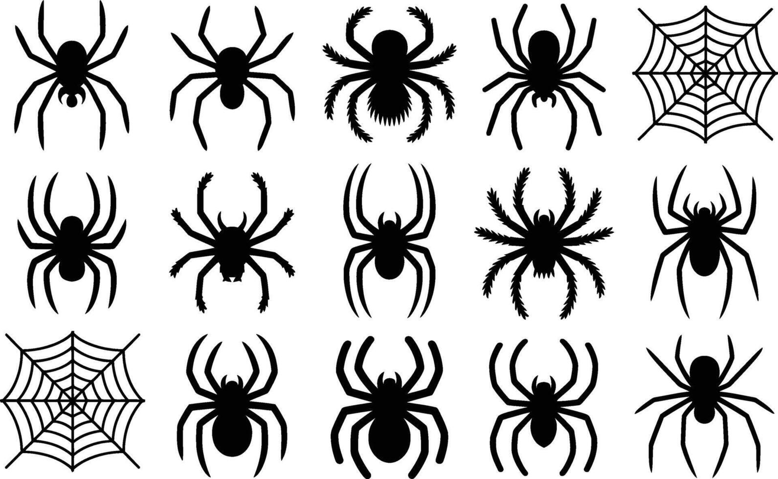 Assorted black silhouette spiders and spiderwebs in various styles and poses for halloween or decorative design elements vector