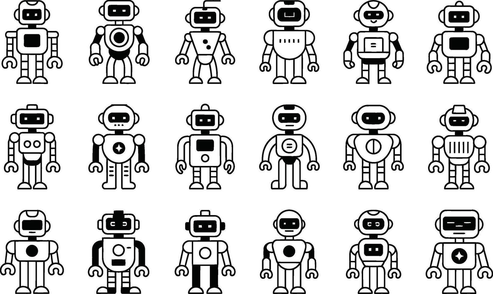 Collection of illustrations featuring simple and minimalist robots in various designs suitable for technological projects vector
