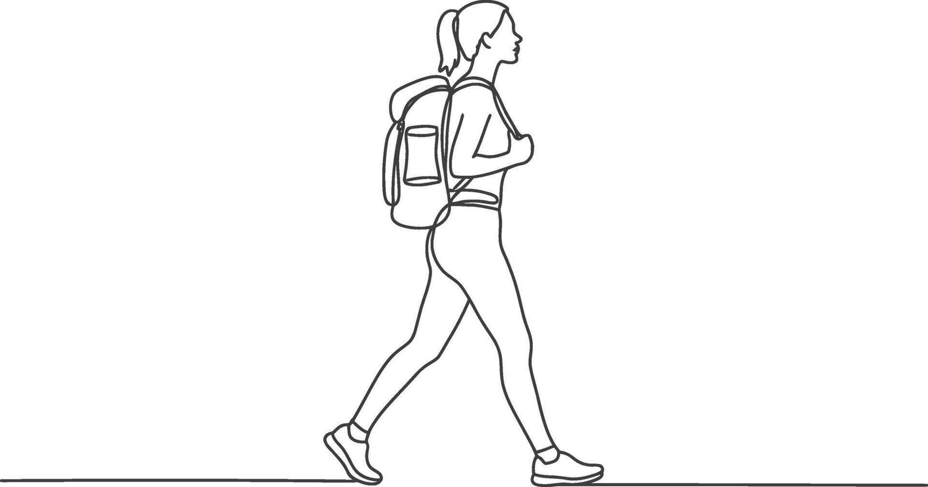 Continuous line drawing of a woman hiking with a backpack outdoors on the move vector