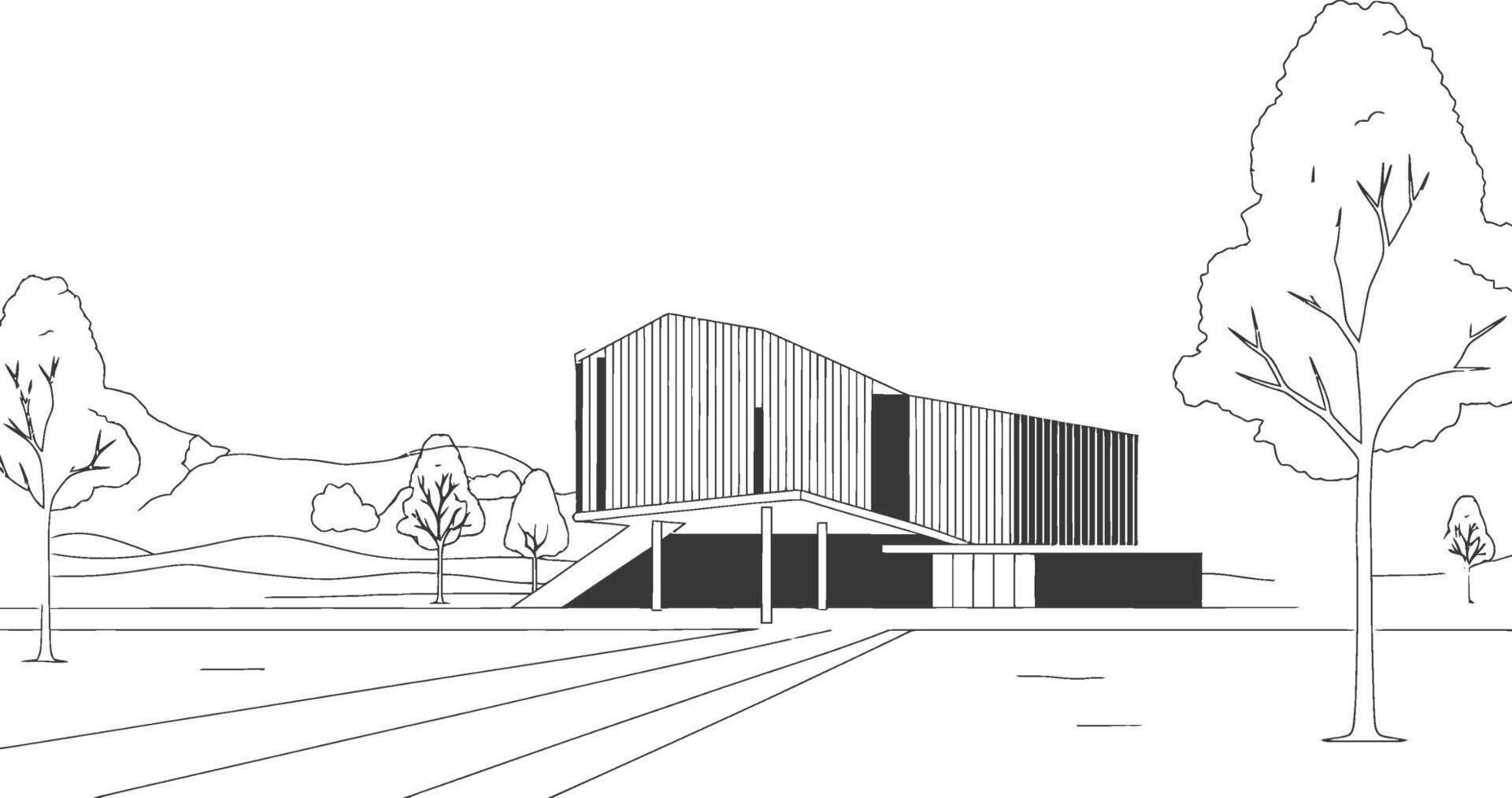 Modern architectural illustration of a house surrounded by trees and landscape design on white vector