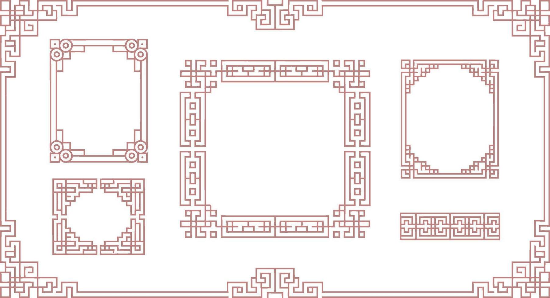 Elegant collection of decorative asian style frames and borders in vintage earth tones on white background vector