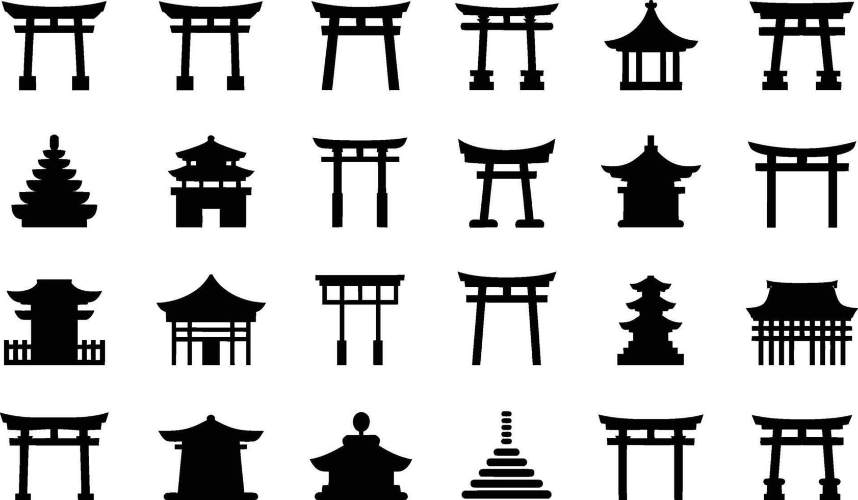 Collection of stylized black and white illustrations depicting traditional japanese torii gates and architectural structures vector