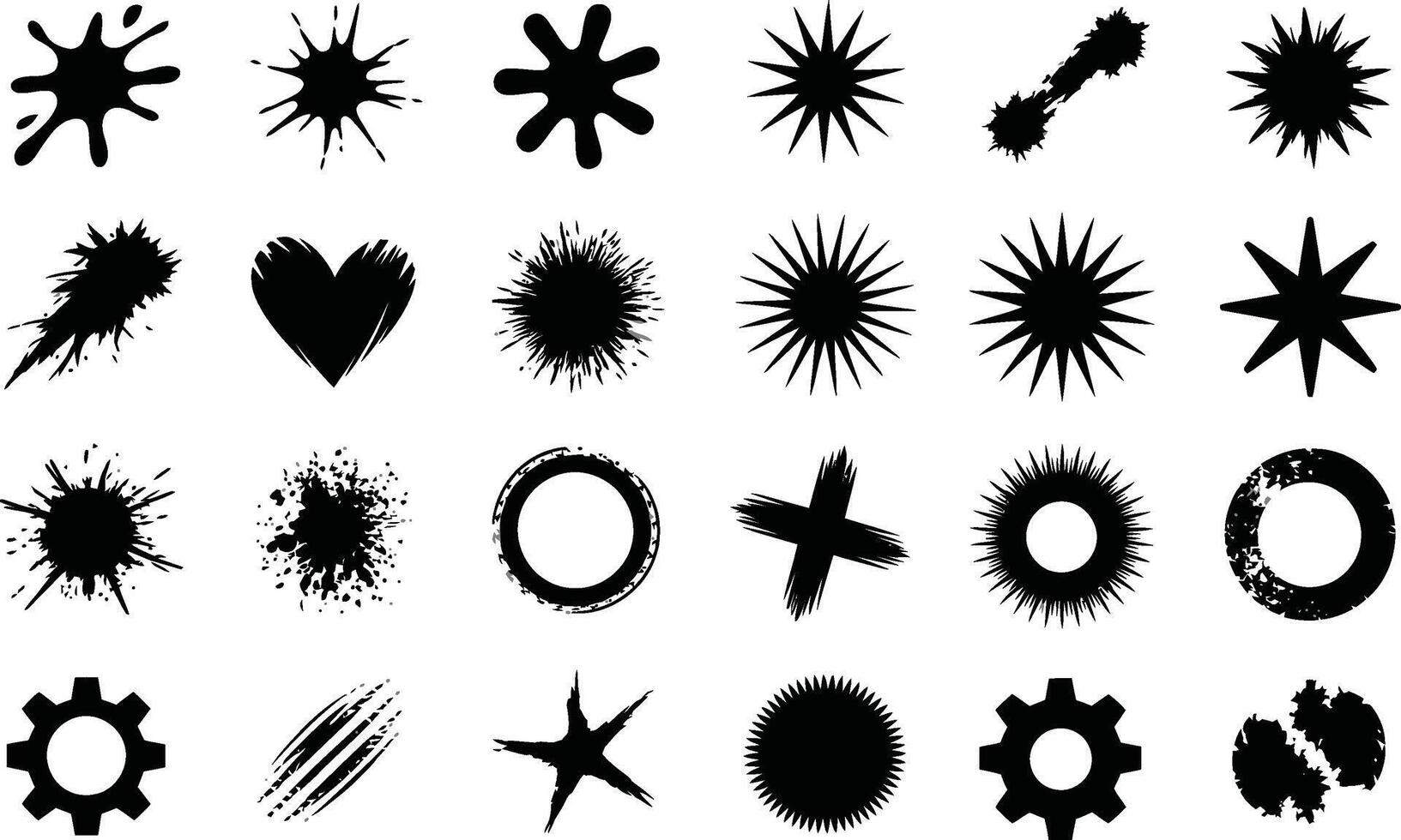 A collection of black grunge graphic shapes and elements perfect for adding a textured aesthetic to creative designs and projects vector