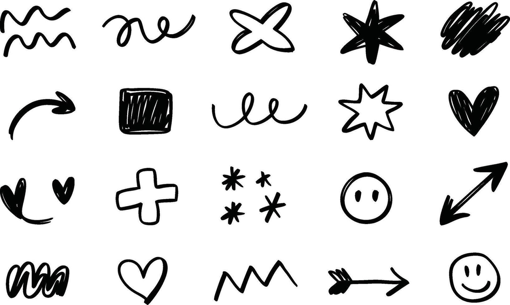 Collection of hand drawn doodle icons and symbols in black and white for digital design elements and illustrations vector