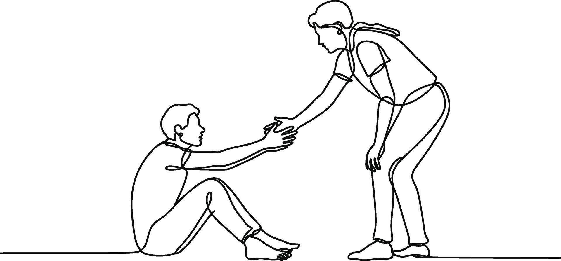 Illustration of person helping another person up with one continuous line drawing vector