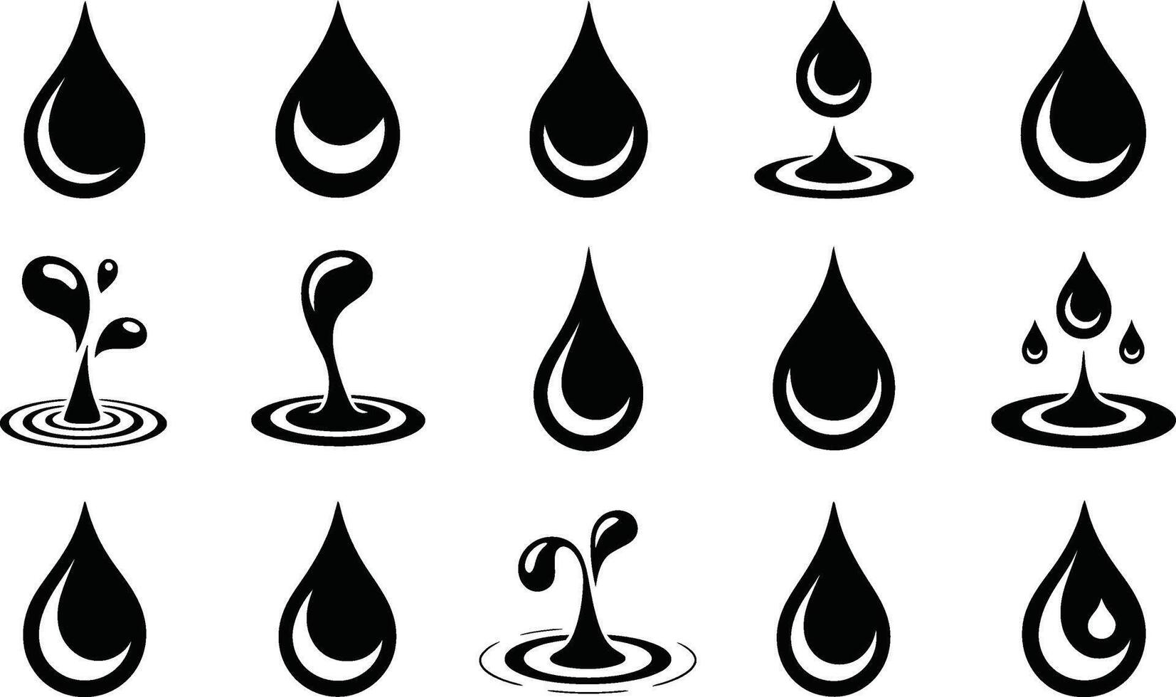 Collection of stylized black water drops with ripple effects depicting various splash animations on white background vector
