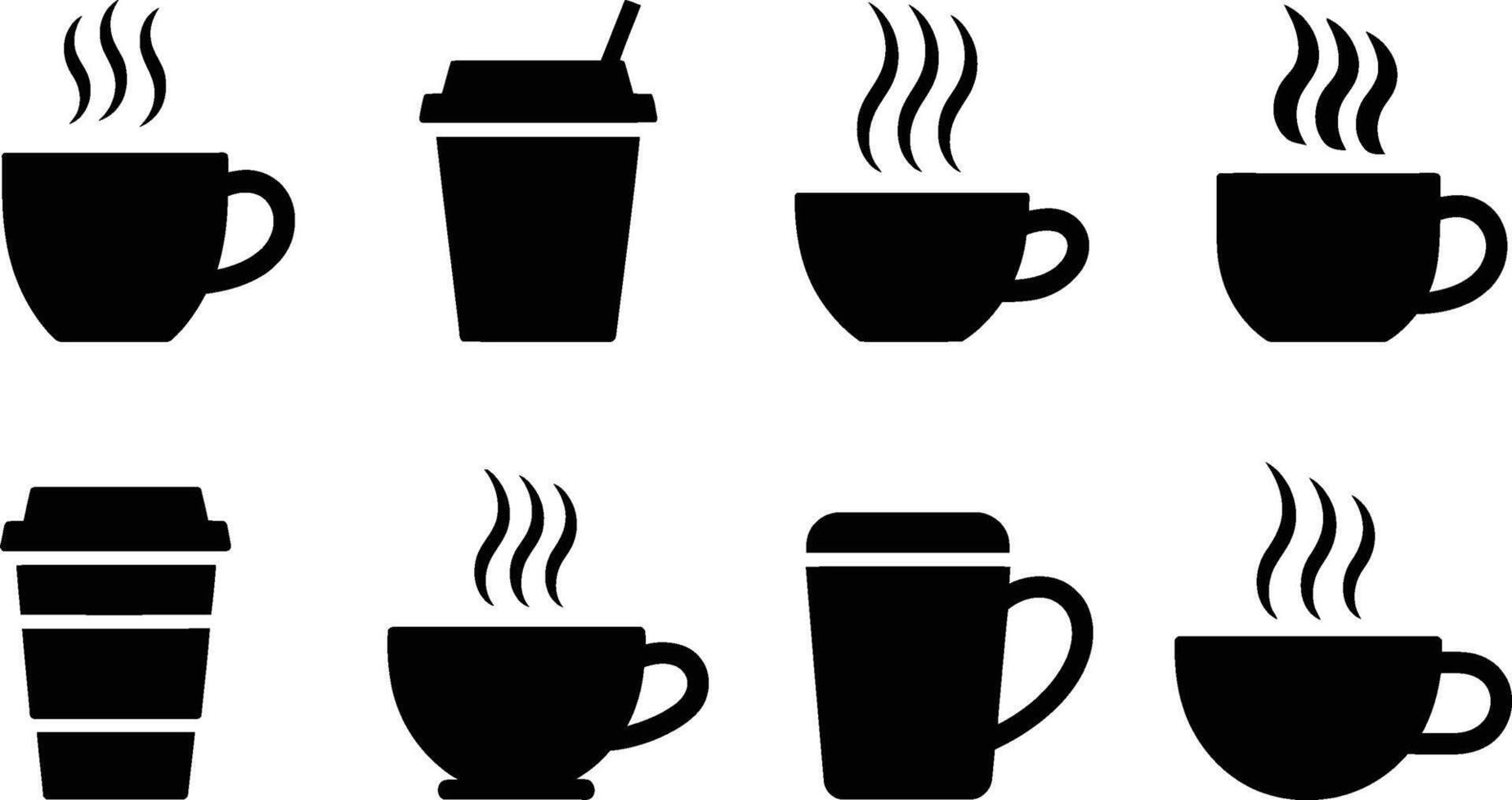 A collection of simple black coffee cups and coffee to go containers with steam rising in minimalist style vector