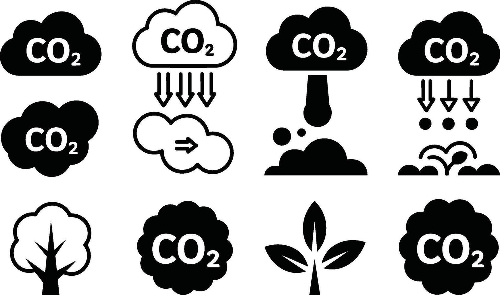 Conceptual icon set depicting carbon dioxide emissions atmospheric pollution and environmental impact in a sustainable context vector