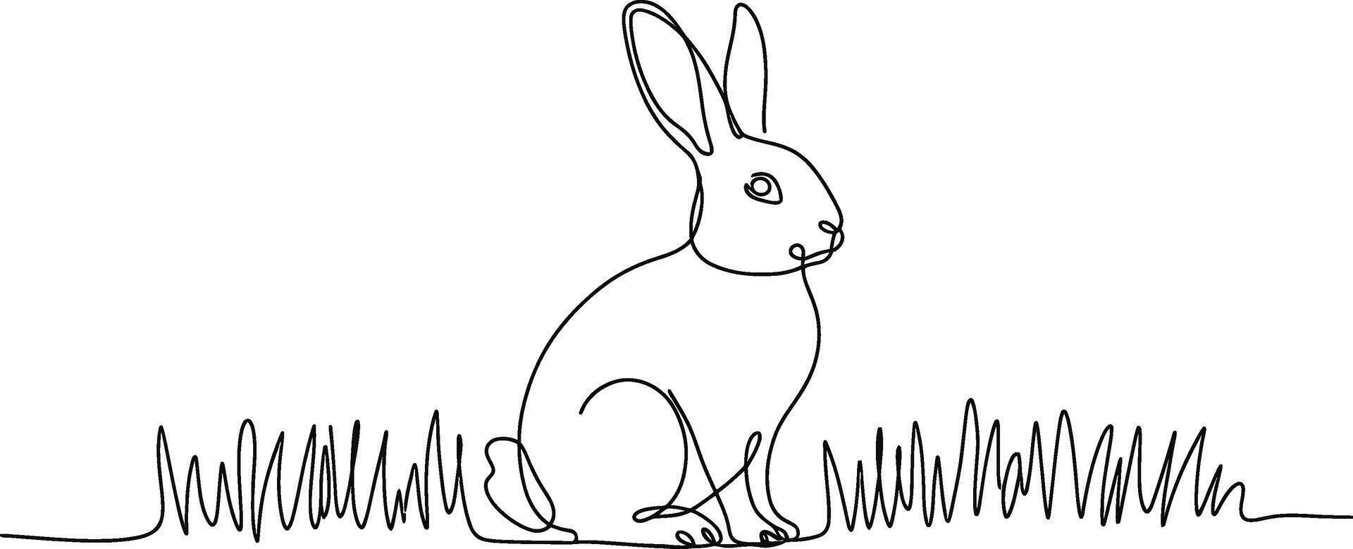 Elegant black line art illustration of a rabbit sitting in grassy field design vector