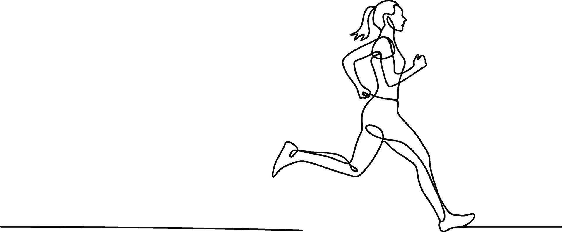 Continuous line drawing of a female runner exercising achieving fitness goals outdoors vector