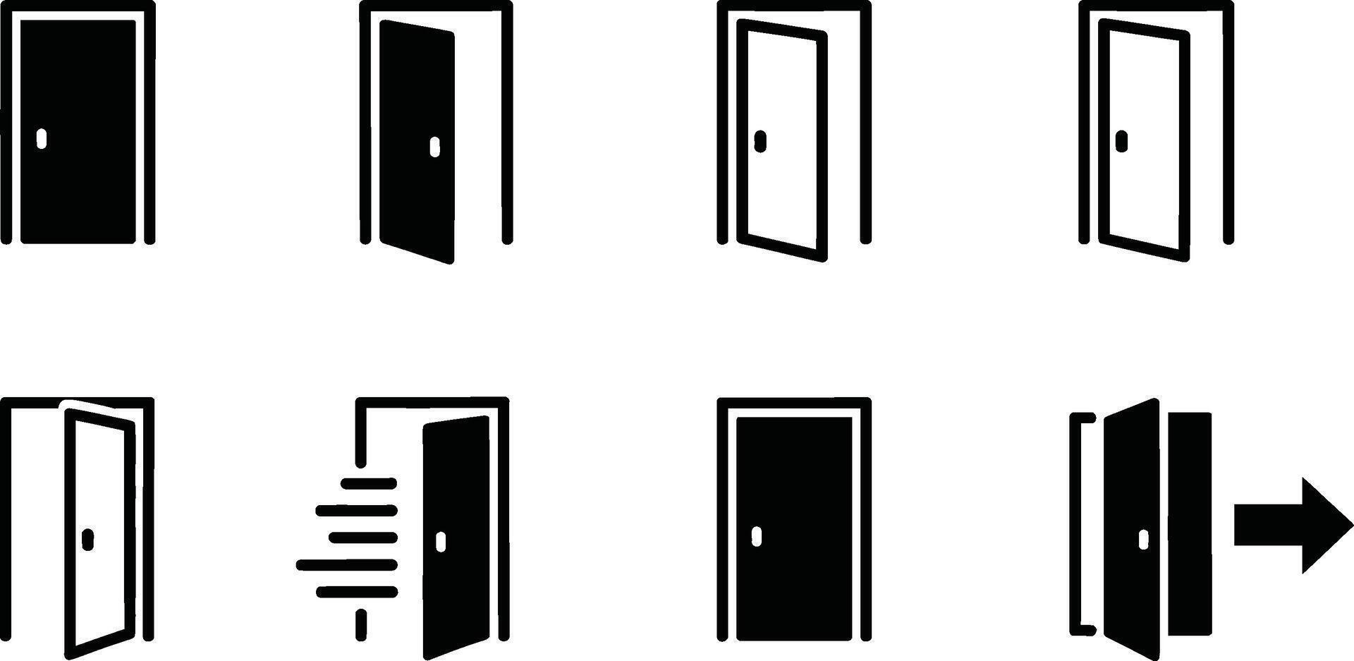 Black and white door icon collection depicting various door states including closed open and exit symbols for design purposes. vector