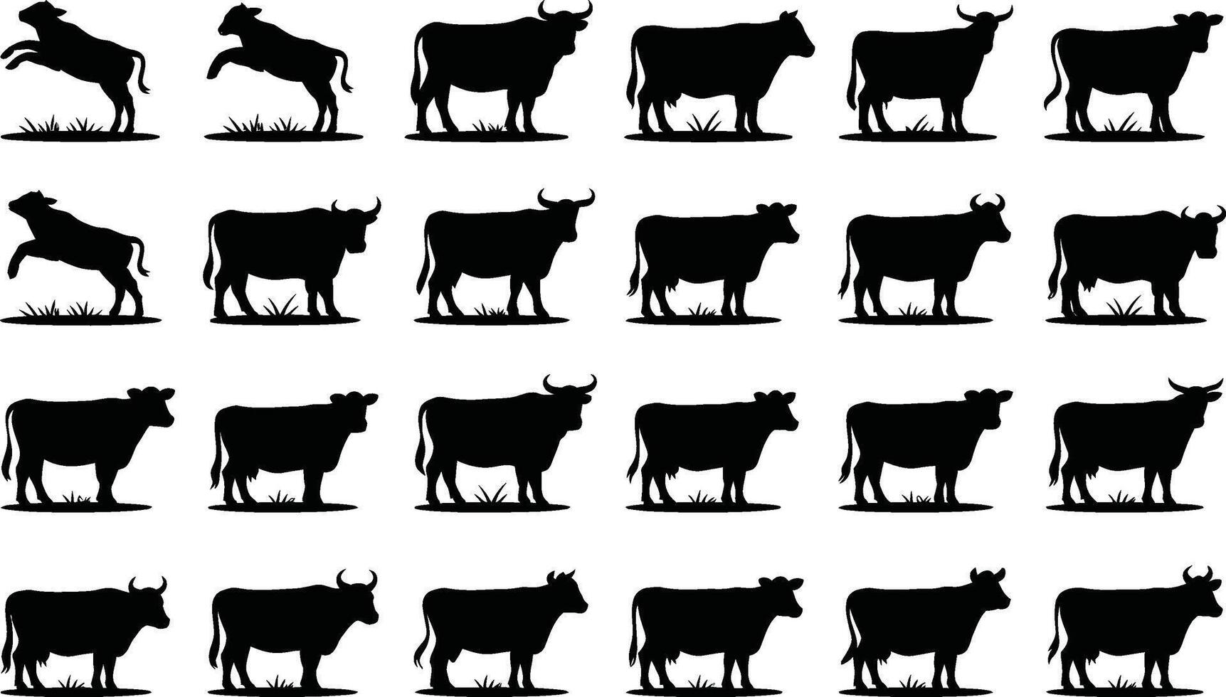 A black and white silhouetted collection of cows and bulls depicting various poses in a grassy field displaying livestock concept vector