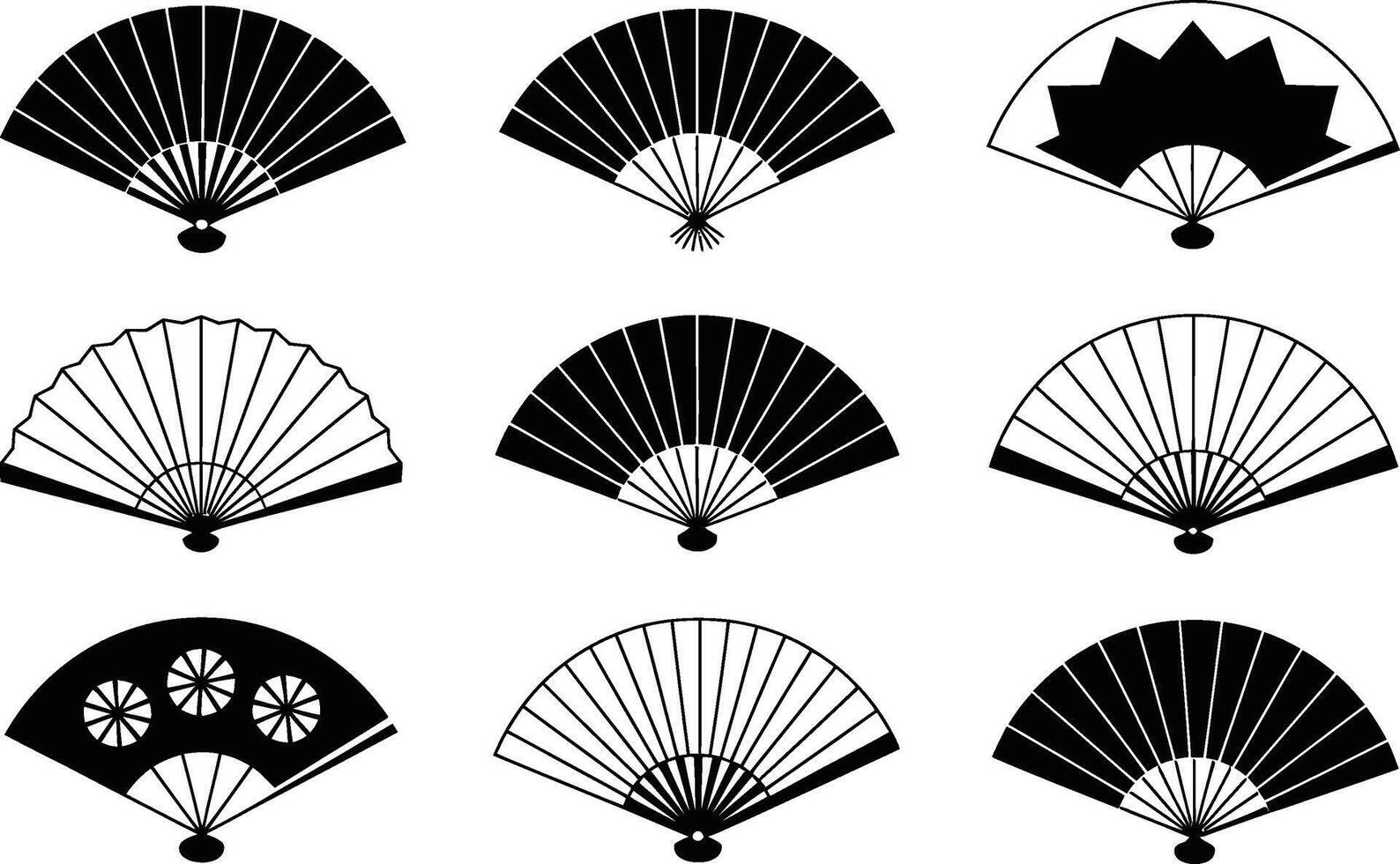 Collection of black and white decorative hand fans in various traditional designs presented on a white background vector