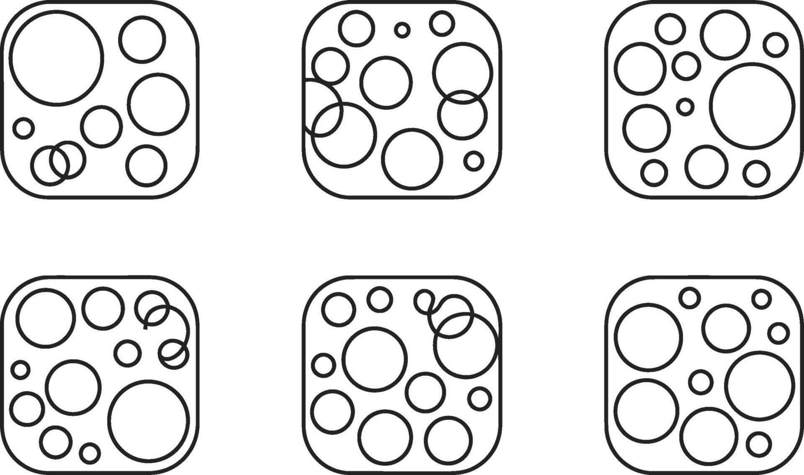 A collection of six black and white geometric abstract designs with varying sizes and arrangements of circles in rounded squares vector