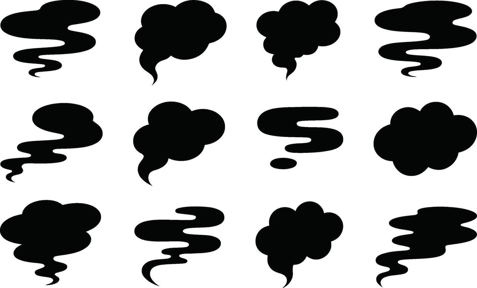 Collection of black smoke cloud silhouette elements for design projects and various illustrations featuring different shapes and forms vector