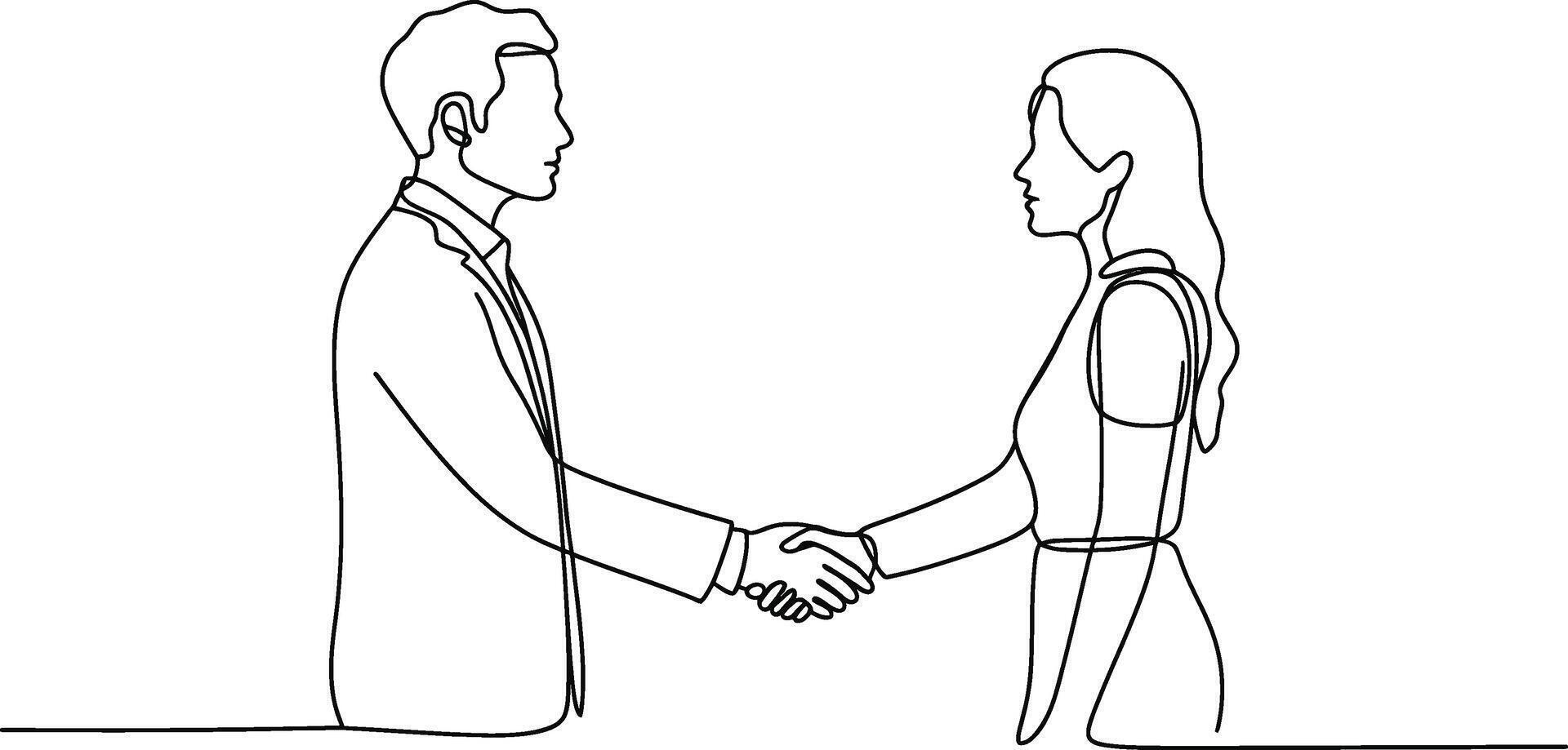 Business partners handshake agreement depicted in a continuous single line illustration vector