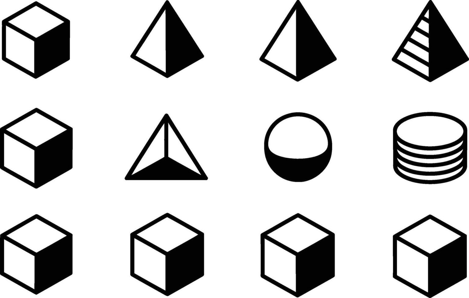 Geometric shapes collection featuring cubes, pyramids, a sphere, and a stack of disks, perfect for design and architectural concepts. vector