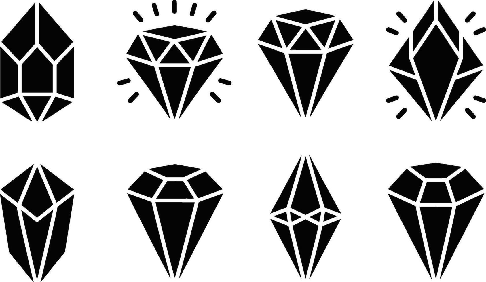 Set of eight diamond shapes in black color creating iconic illustrations for jewellery and decoration concepts seamlessly vector