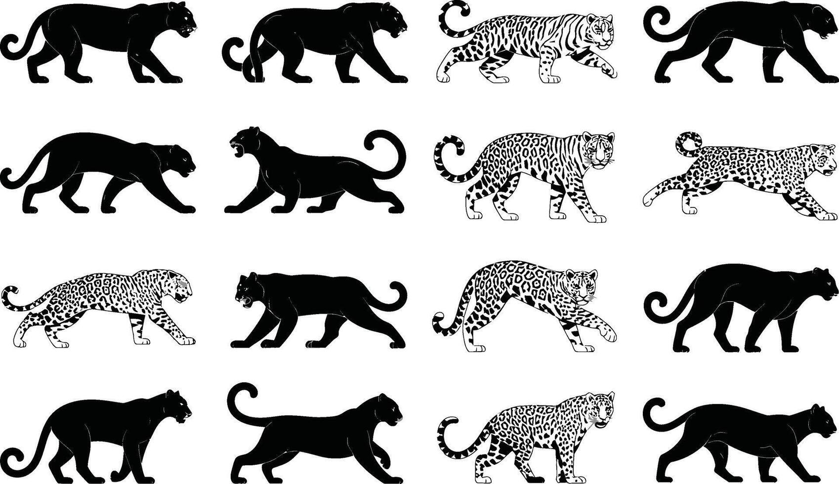illustration featuring multiple black panthers and jaguars in various poses creating a design for wildlife or animal-themed projects and graphics. vector