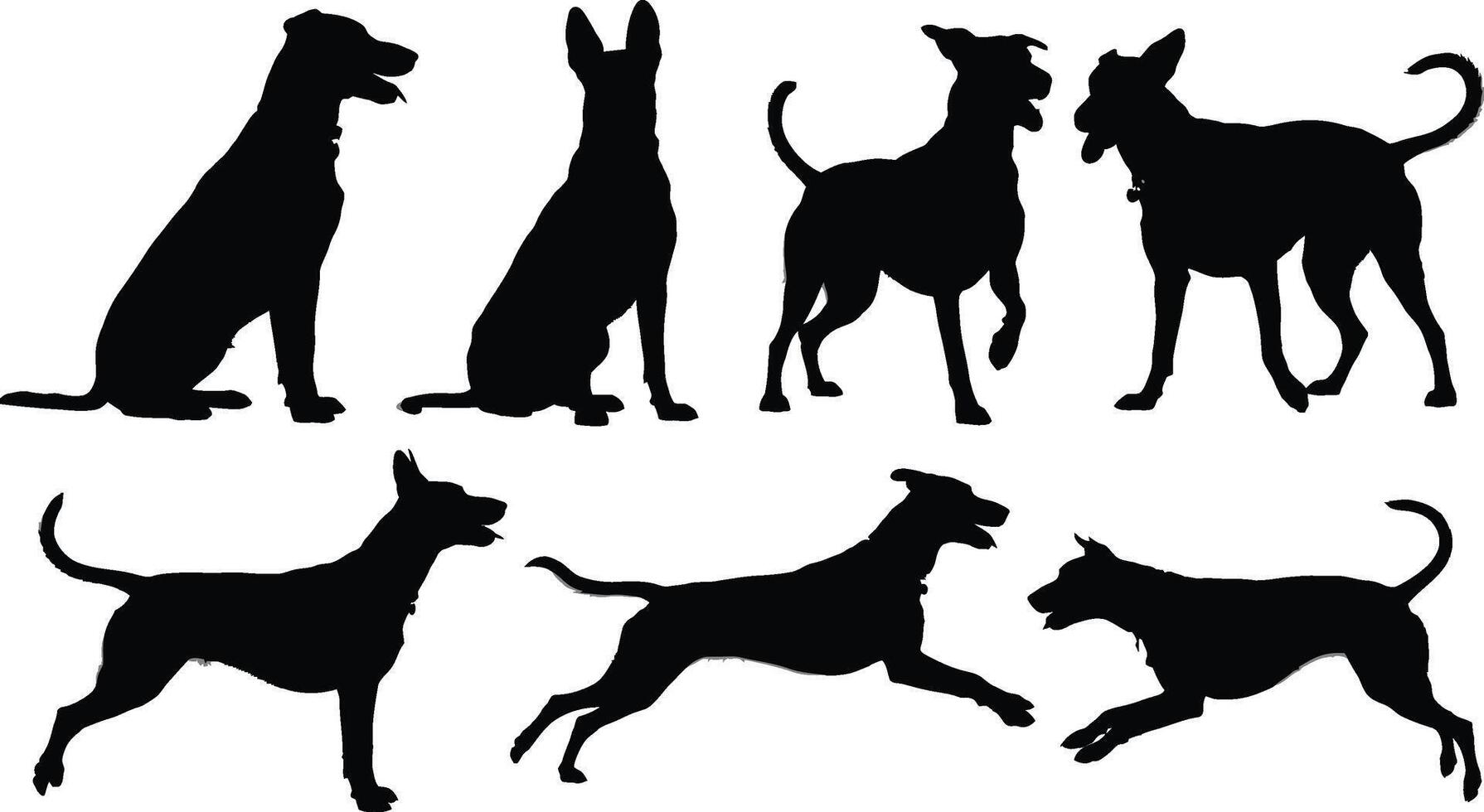 Black silhouette illustrations of dogs in various poses perfect for design projects and artistic visuals vector
