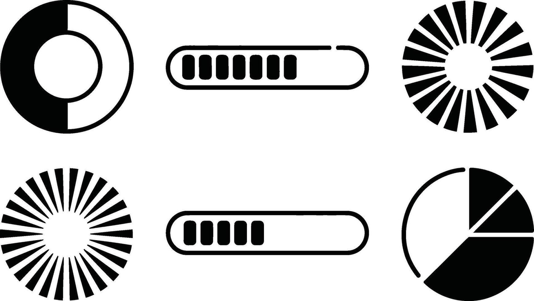 Simple black and white illustrations of progress loading pie charts and data visualization elements vector