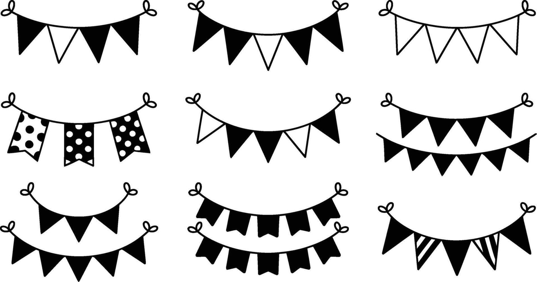 Hand drawn black and white party banner bunting collection featuring flags with polka dots and stripes for festive celebrations vector