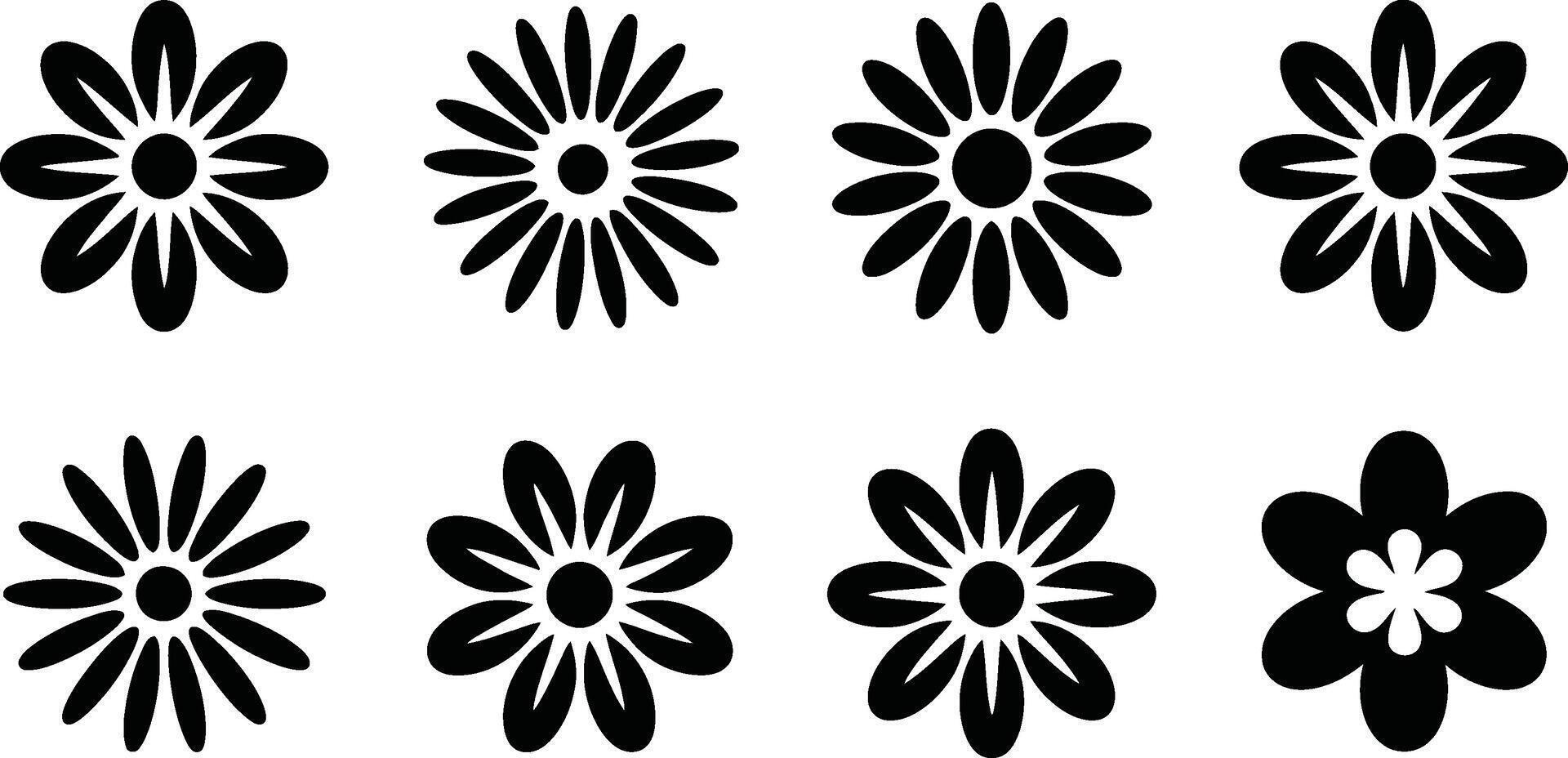 A collection of eight simple black and white floral elements showcasing various daisy and flower designs suitable for design vector