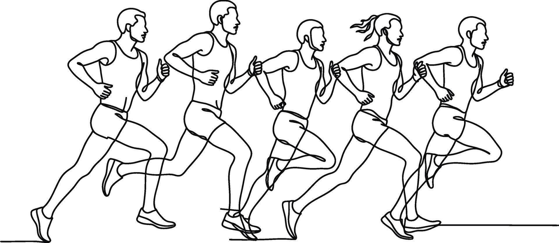 Continuous line drawing depicting runners in motion executing the running sport and exercise vector