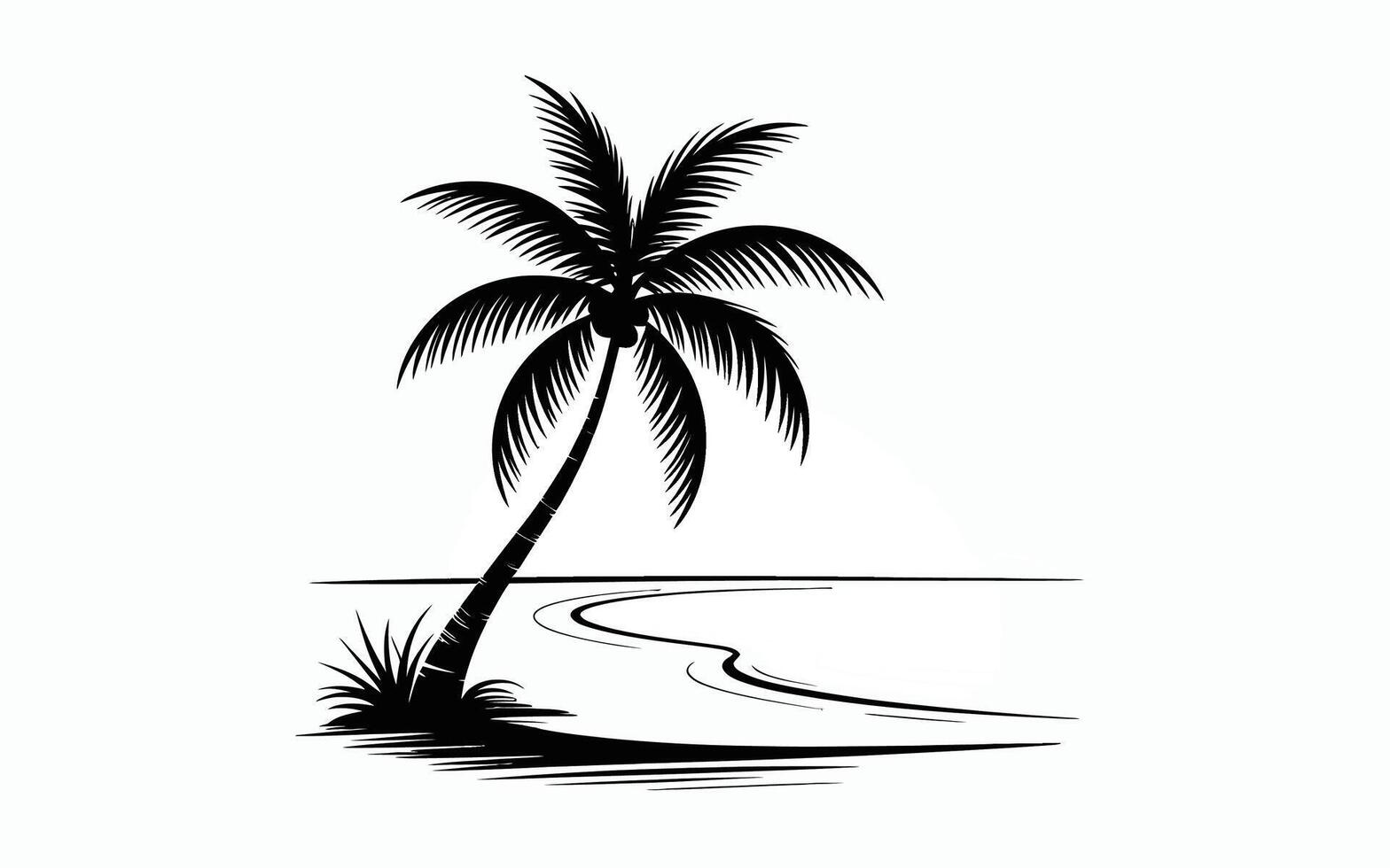 illustration of a black and white stylized palm tree with a curved shoreline design against a white background vector