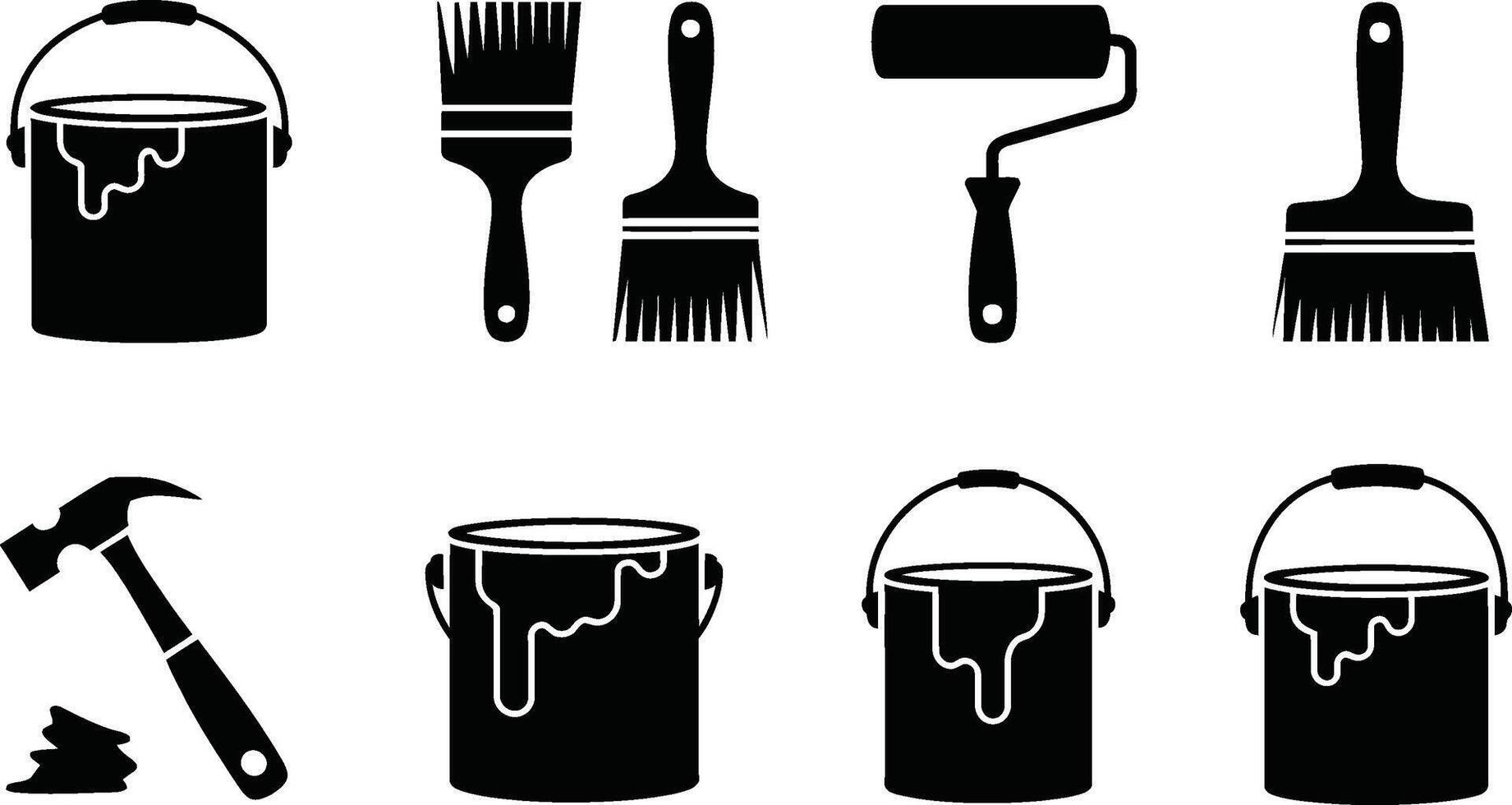 Black and white silhouettes of painting tools paint buckets brushes roller hammer and painting accessories vector