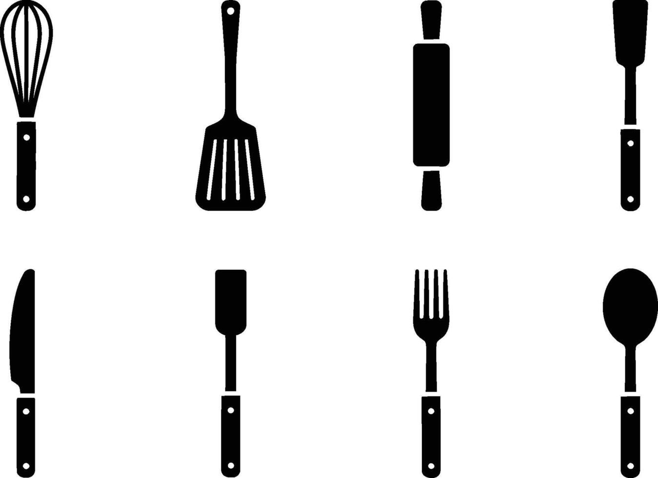Silhouetted collection of essential kitchen utensils including a whisk spatula rolling pin knife fork and spoon on a white background vector