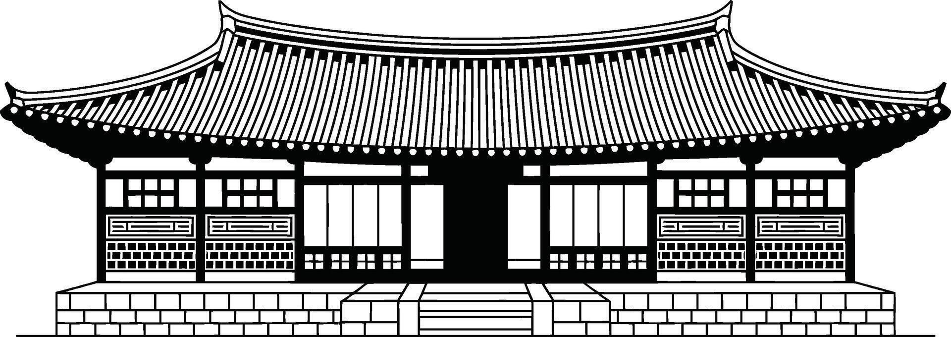 Traditional korean temple architecture black and white illustration design vector