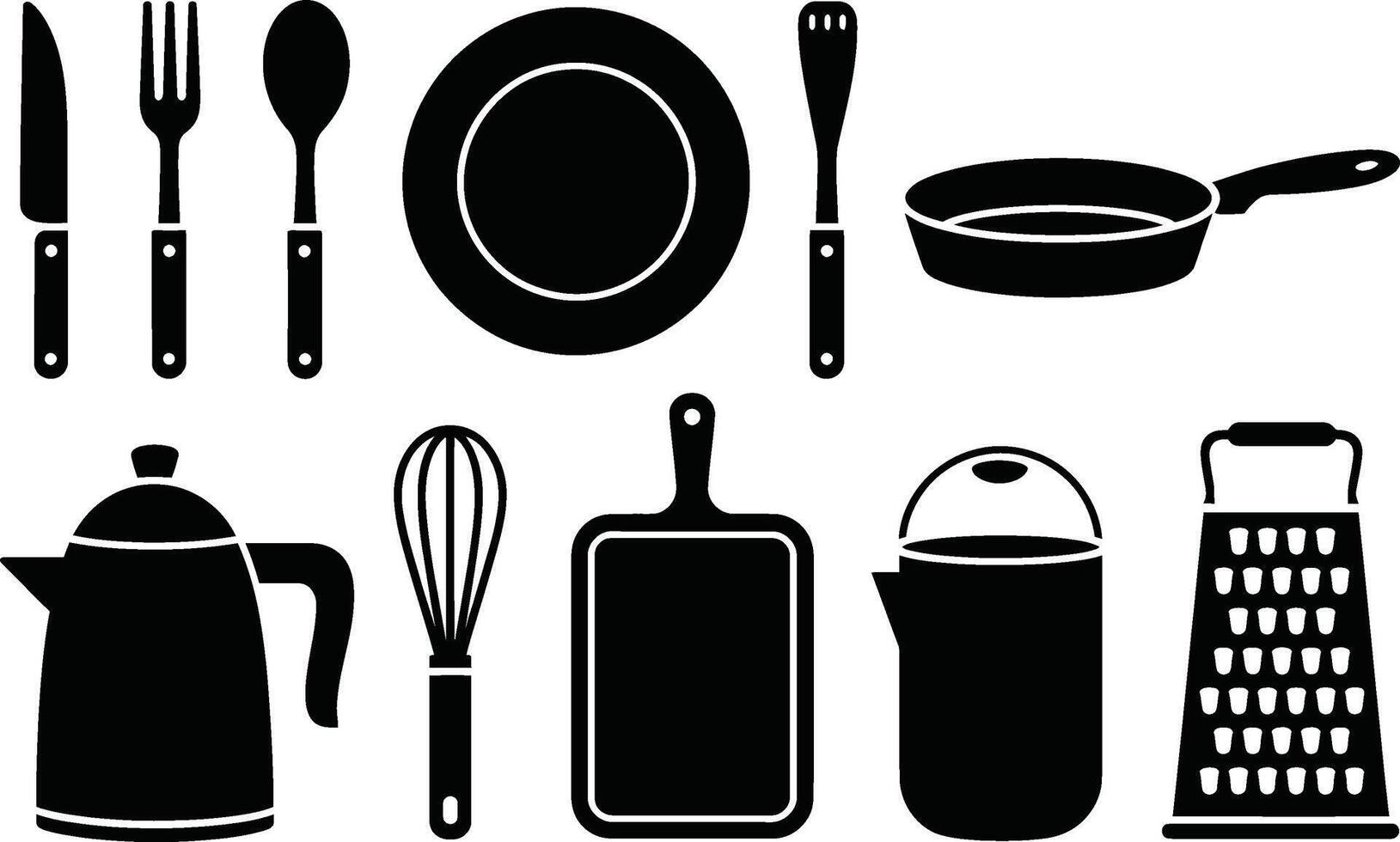 Black and white kitchen utensils silhouettes isolated on white background for design projects vector