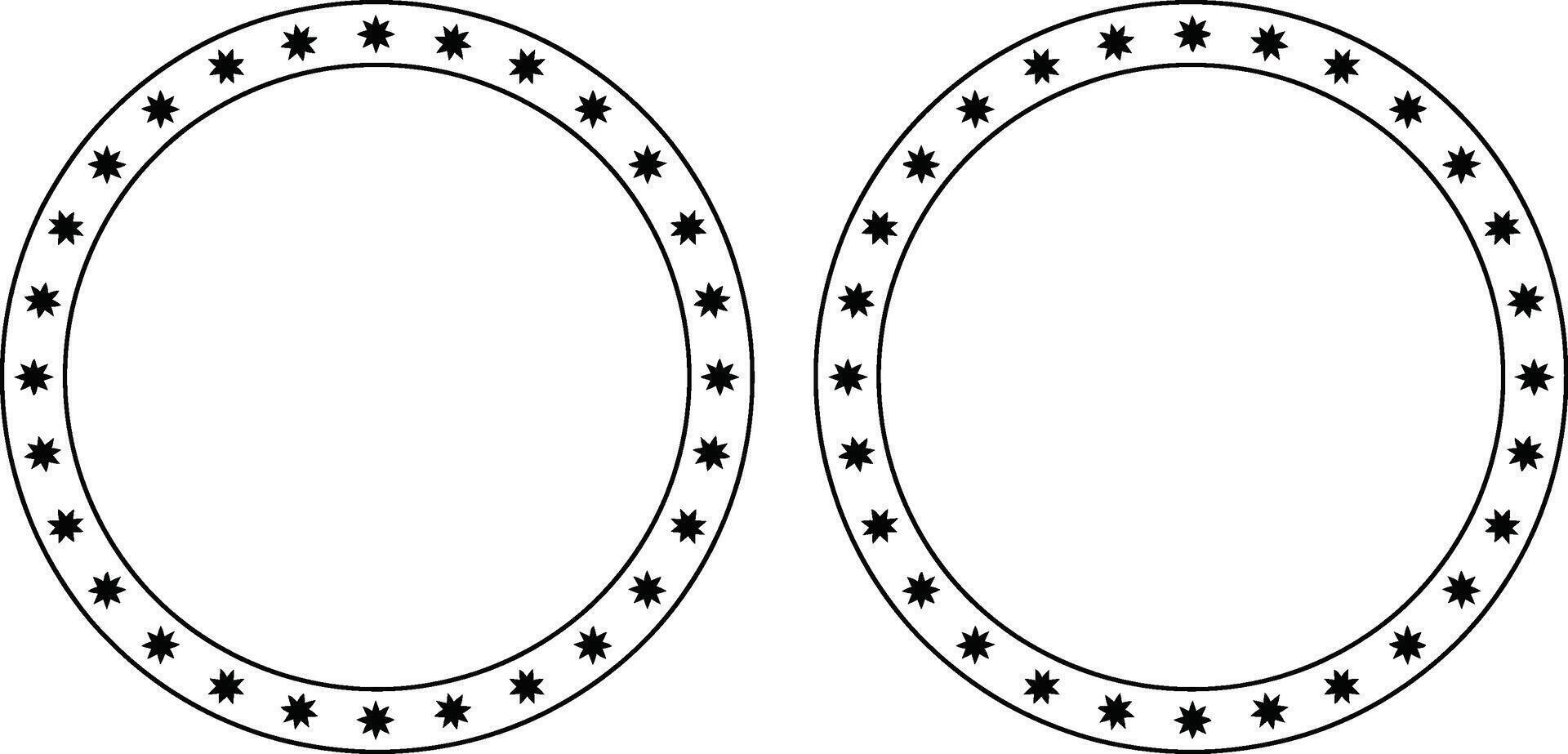 Two black outline circular frames with stars decorations in a simple minimalist design vector
